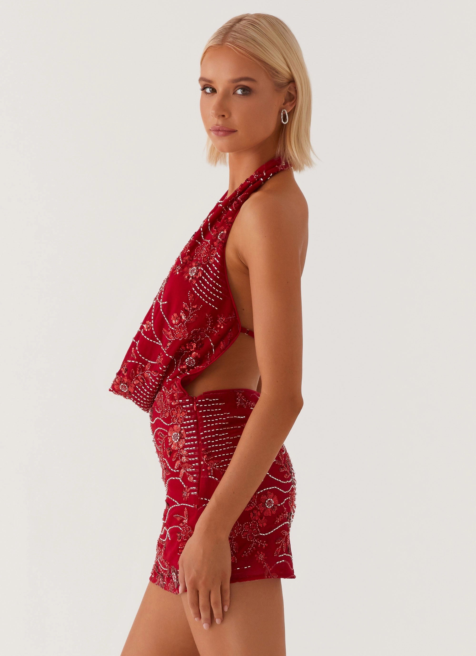 Olisa Cowl Neck Beaded Mini Dress - Red Vibrant pattern Travel-Style