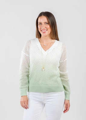Soft Comfort Everyday Layers Ombre Mesh V-Neck Sweater - Sage