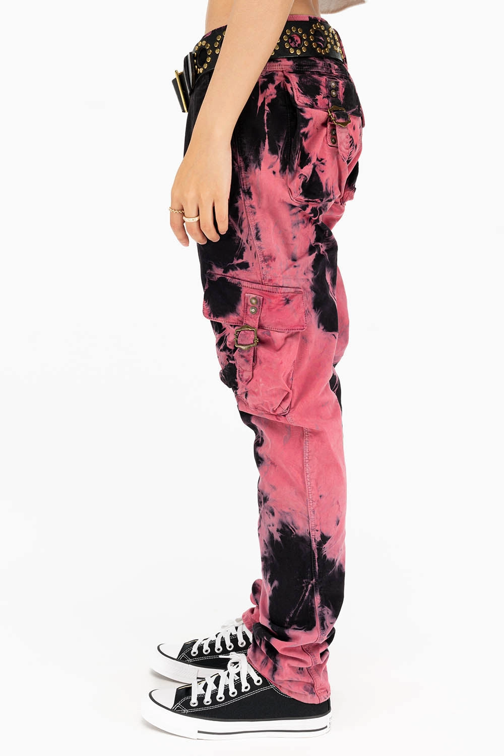 Adjustable Belt Loops MILITARY STYLE WOMENS CARGO PANTS IN TIE DYE PINK