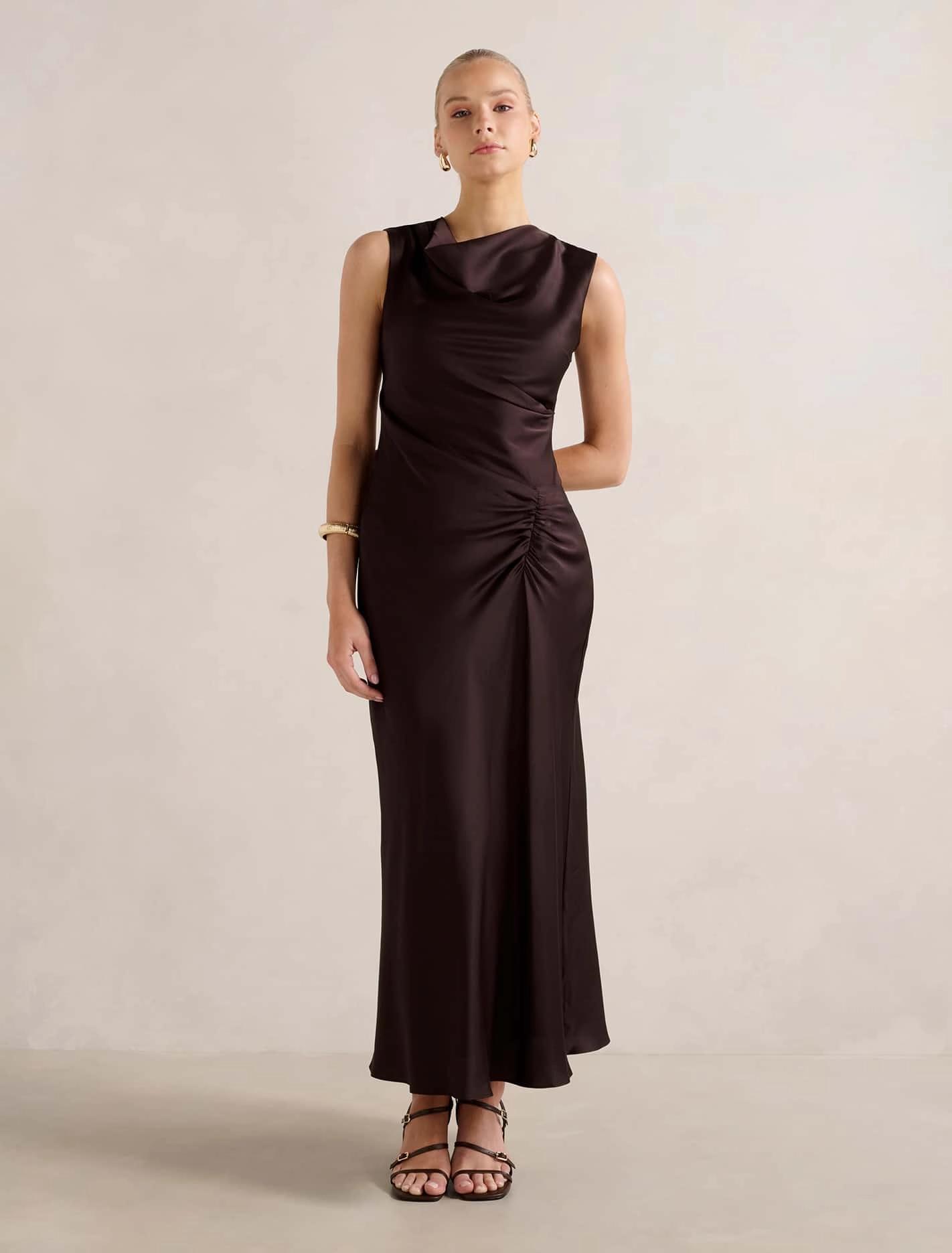 Ava Draped Satin Maxi Dress Everyday Piece Applique-Detail