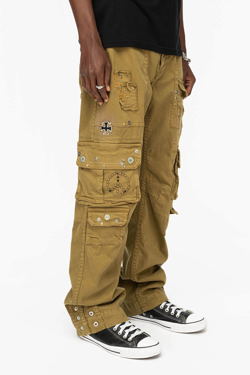 Easy Pair Neutral Loose ORIGINAL ROBIN??S JEAN CALL OF DUTY CARGO PANTS IN AVOCADO COLOR WITH ROCK N ROLL PATCH