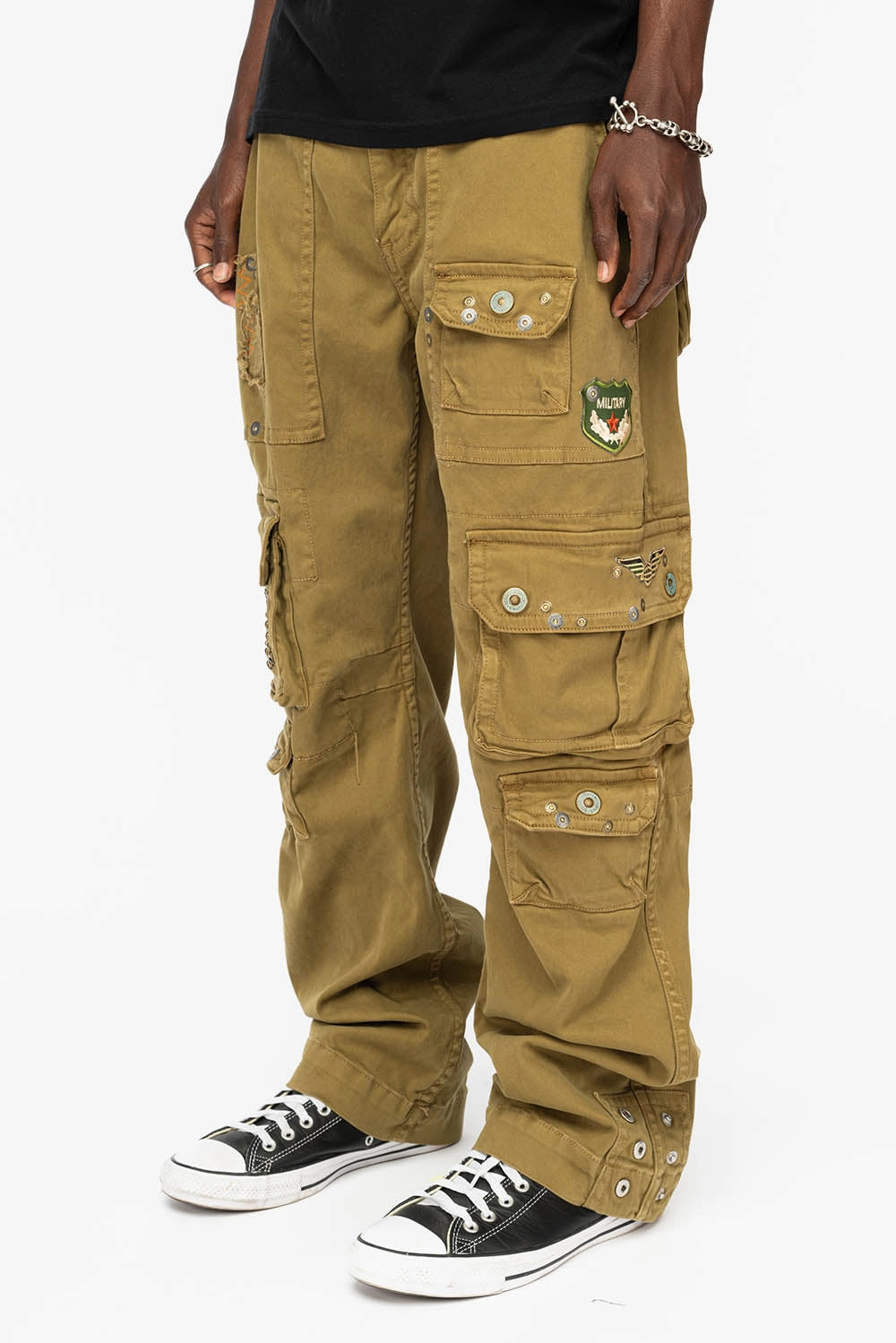 Relaxed Style Weekend Style High Quality ORIGINAL ROBIN??S JEAN CALL OF DUTY CARGO PANTS IN AVOCADO COLOR WITH ROCK N ROLL PATCH