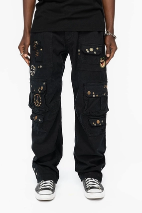 ORIGINAL ROBIN??S JEAN CALL OF DUTY CARGO PANTS IN BLACK COLOR  WITH ROCK N ROLL PATCH Sleek Waist Functional Casual