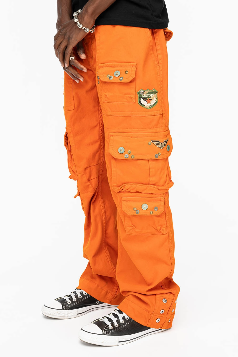 Bartack Stitching ORIGINAL ROBIN??S JEAN CALL OF DUTY CARGO PANTS IN ORANGE COLOR  WITH ROCK N ROLL PATCH