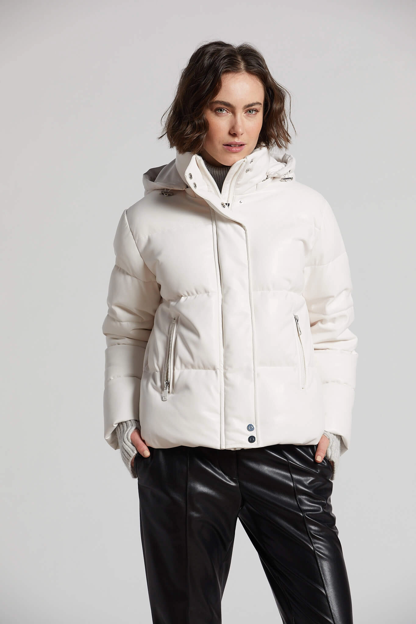Paloma Vegan Leather Down Coat With Detachable Hood & Angora Knit Trim - White HybridLayerCompatibility Waterproof Zipper Closure