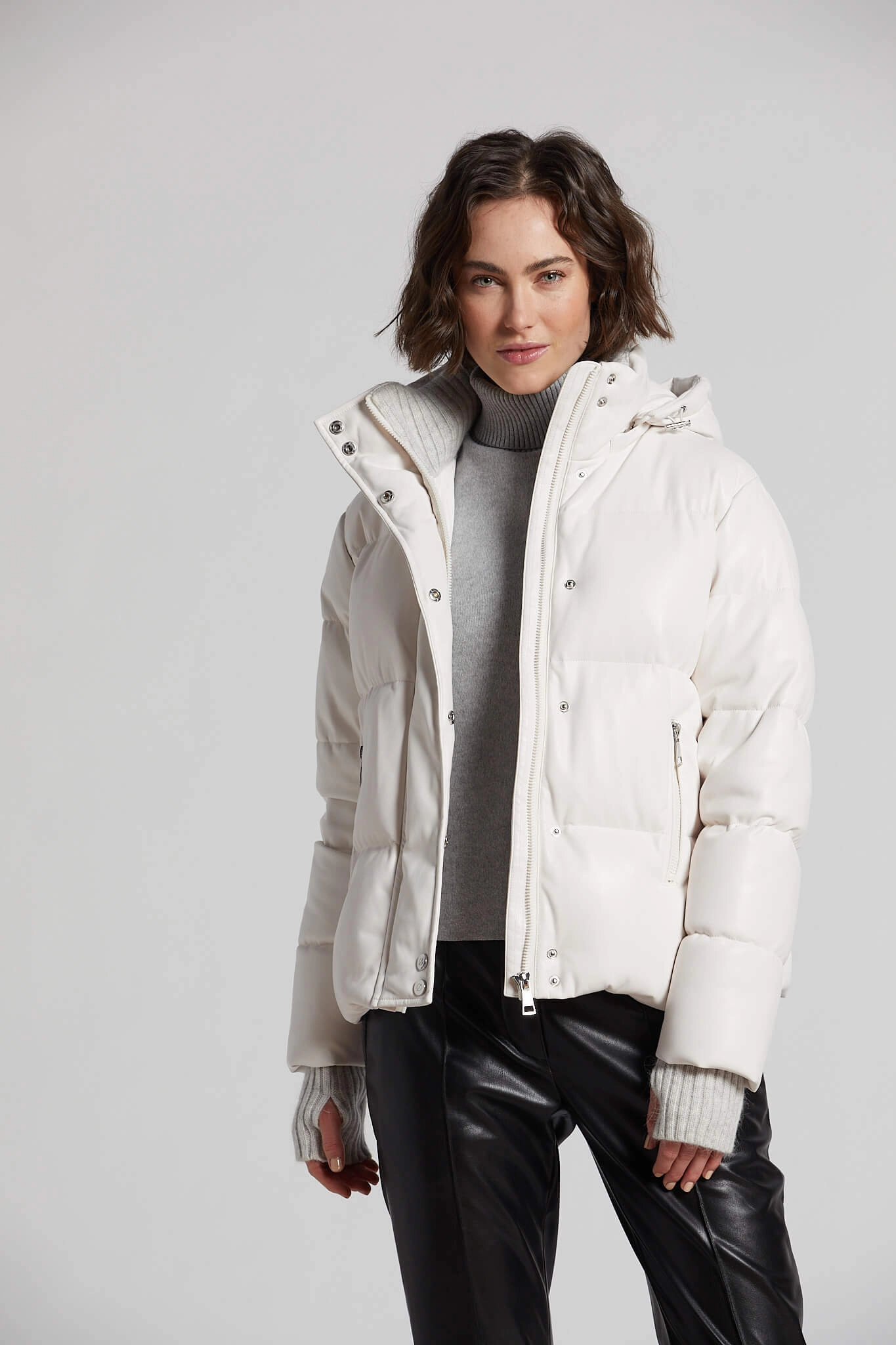 Paloma Vegan Leather Down Coat With Detachable Hood & Angora Knit Trim - White Reinforced Collar Structure