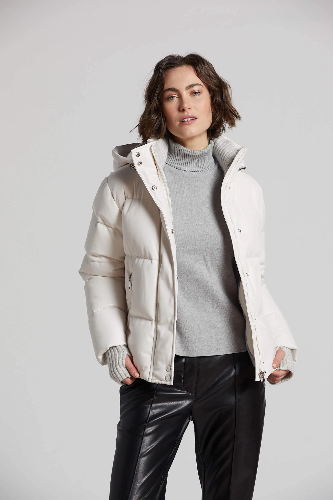 WeatherproofZipper Button Closure Paloma Vegan Leather Down Coat With Detachable Hood & Angora Knit Trim - White