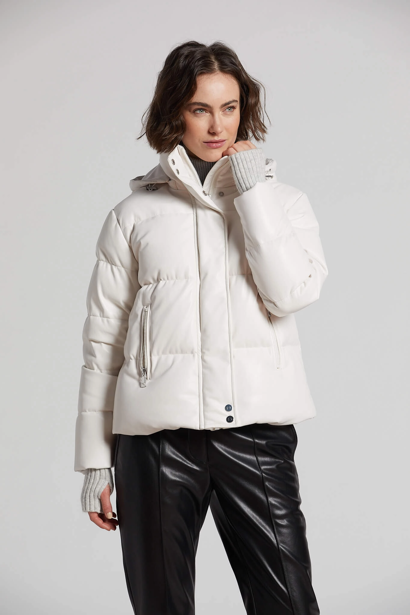 Paloma Vegan Leather Down Coat With Detachable Hood & Angora Knit Trim - White Moisture Control Fibers TearResistant Reinforcements