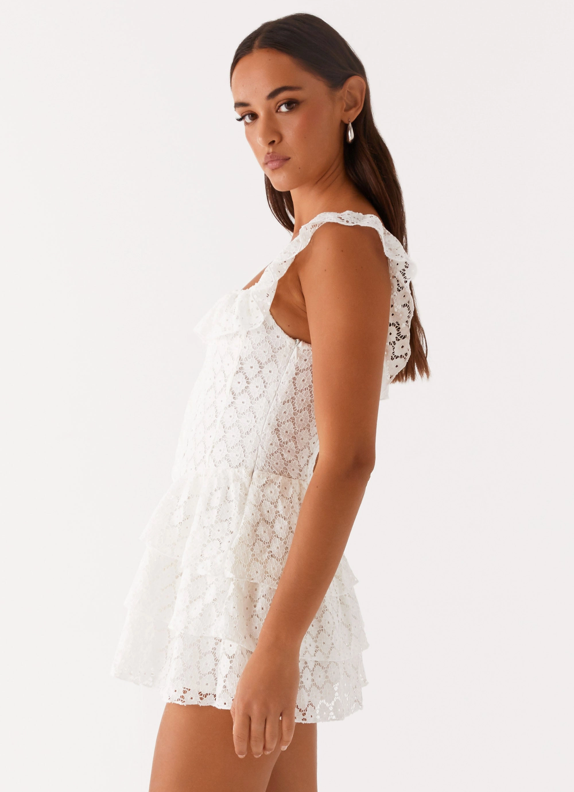 Flutter-Sleeve Front-Zip Paradise Dreams Corset Mini Dress - White