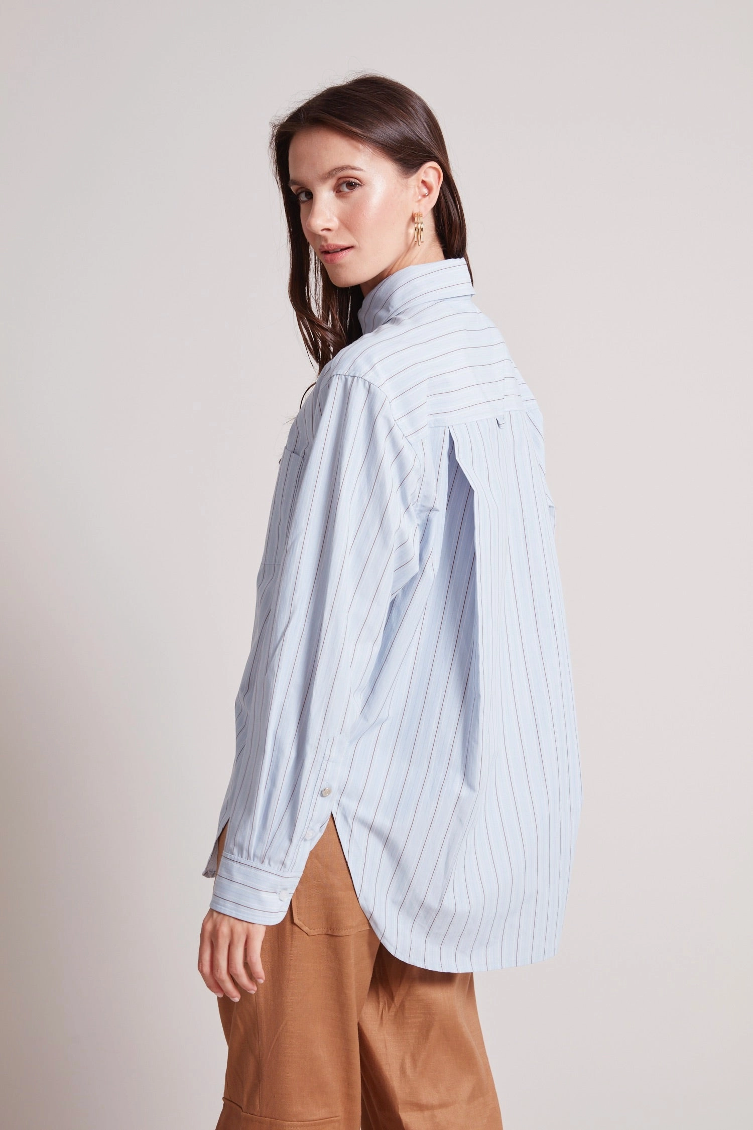 Kean Boyfriend Striped Button Down Shirt - Powder Blue Polished Finish Breathable Cotton
