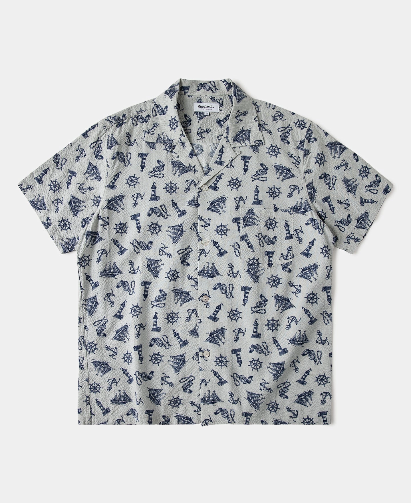 Nautical Printed Seersucker Short Sleeve Camp Shirt - Light Gray Holiday Outfit