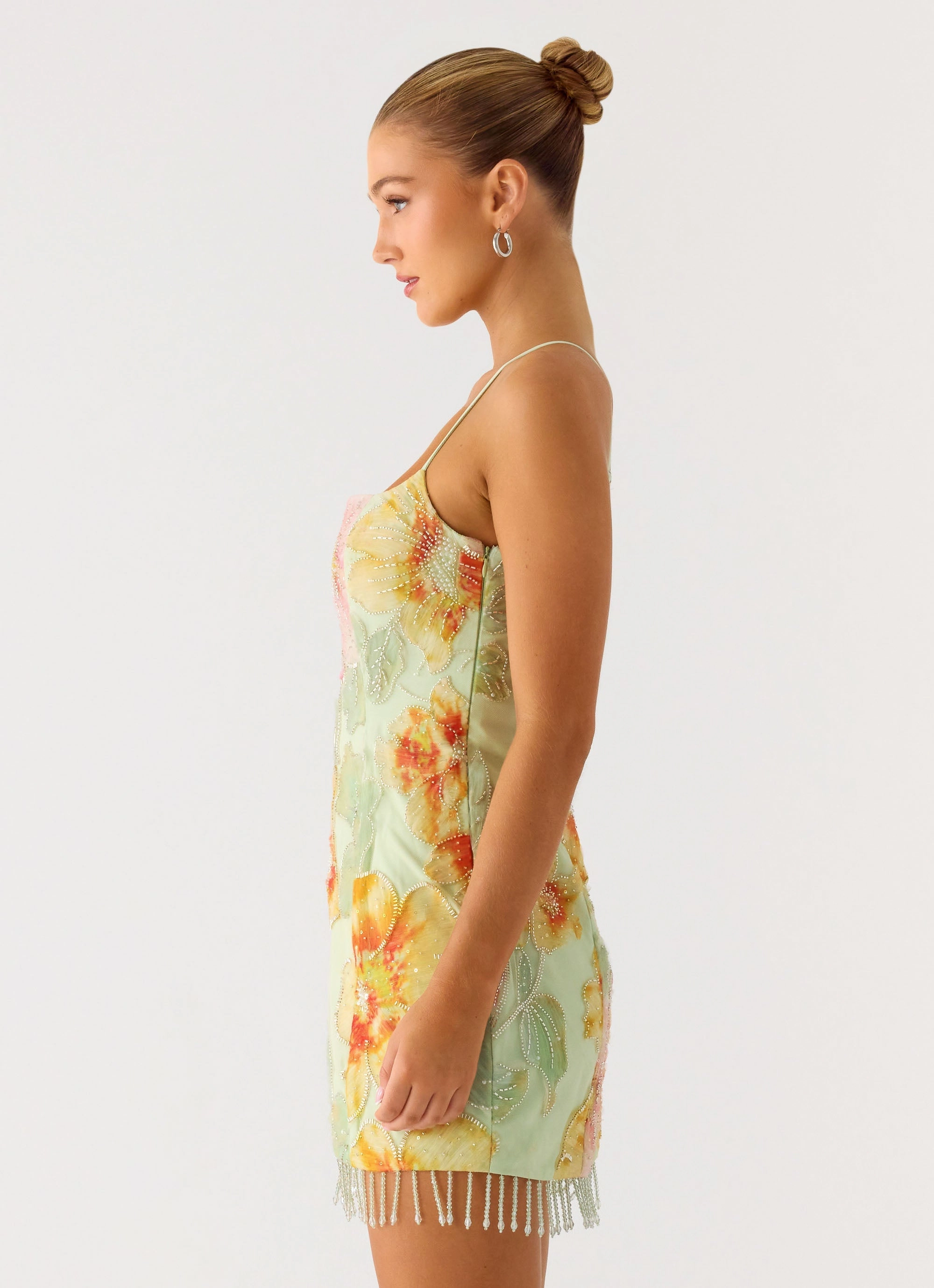 Gatiana Beaded Sequin Mini Dress - Green Floral Beaded Gender Inclusive Grab Quick