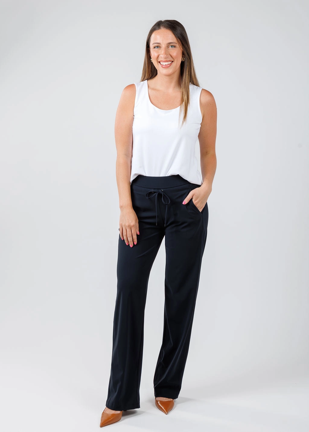 Stretchable Fit smooth zipper Candice Straight Pants - Navy