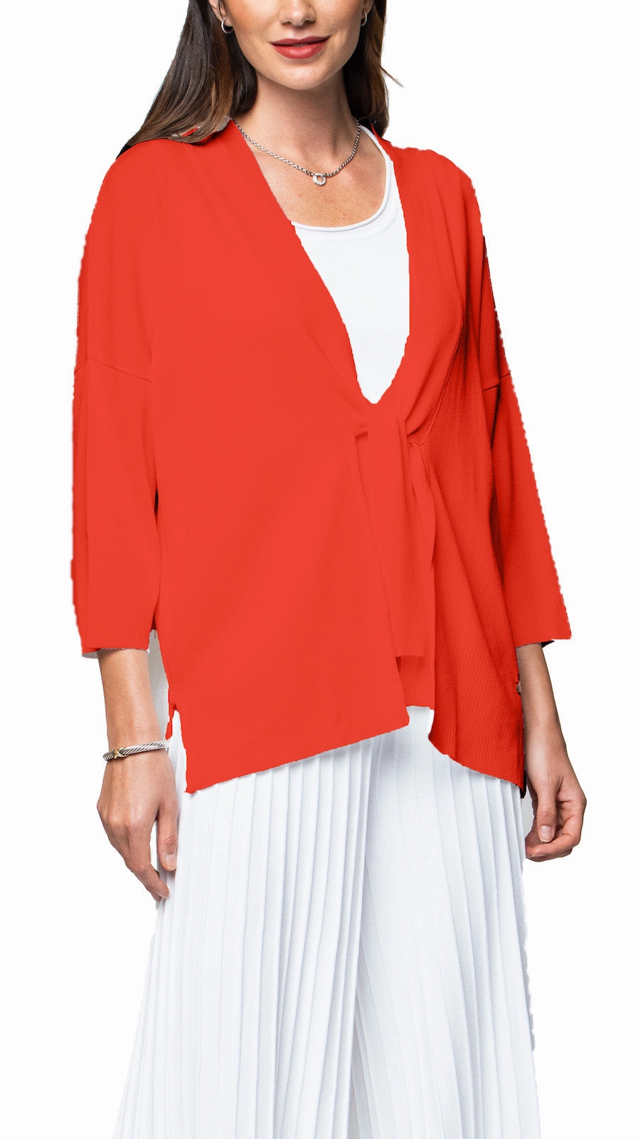 Fine Gauge Lightweight Wear Malia Three-Quarter Sleeved Front-Tie Cardigan; Bright Orange