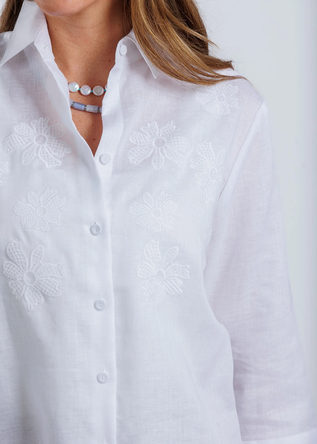 Anti-static Embroidered Logo Margot 3/4 Sleeve Shirt - White