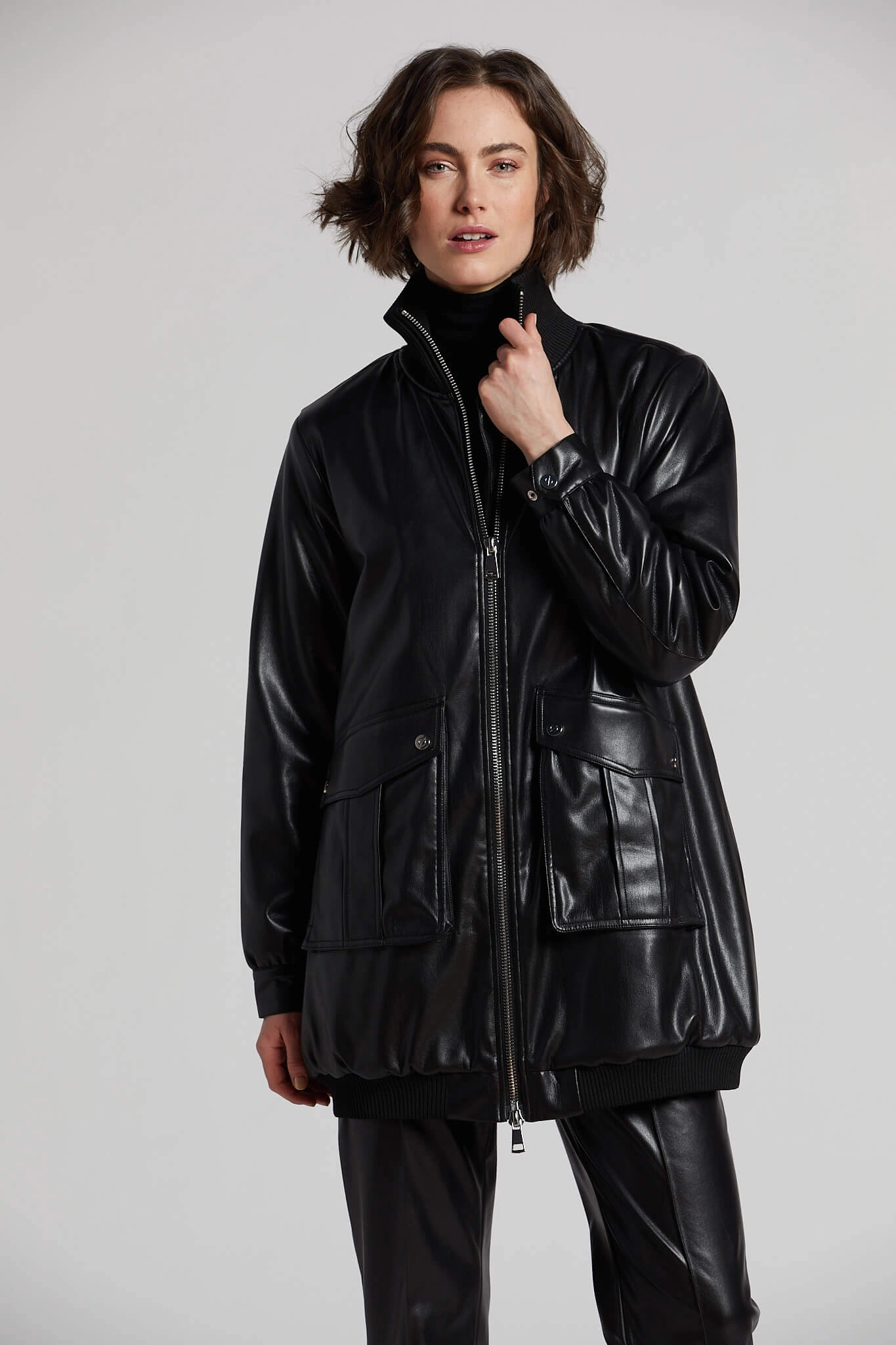 Petra Long Vegan Leather Bomber Jacket - Black Warmth Without Bulk