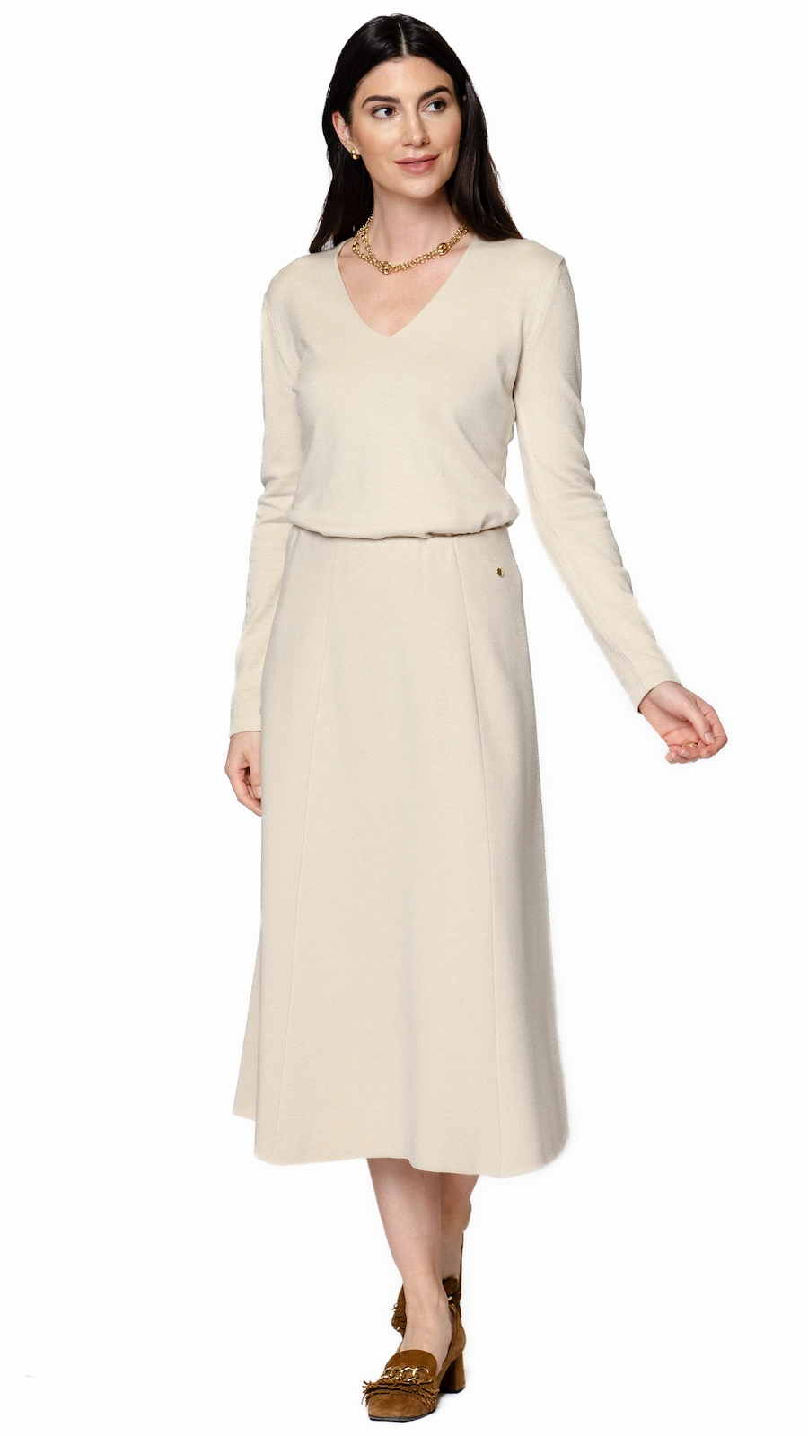 Viv Long Sleeve V-Neck Top - Beige Melange elegant design Relaxed Look