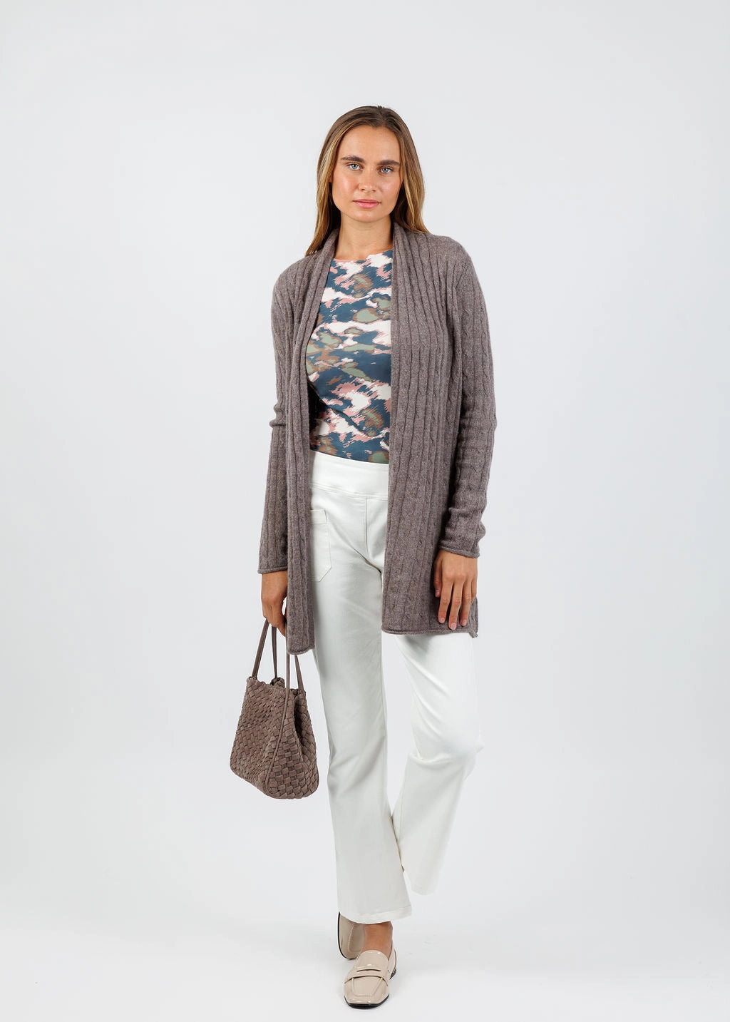 Breezy Cashmere Mini Cable Duster - Portobello Lightweight Cable Pattern Soft And Comfortable