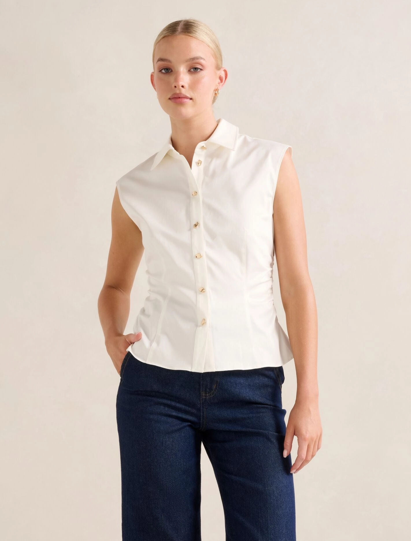 Stretch Woven Material Anti Microbial Lining Nova Ruched Collared Top