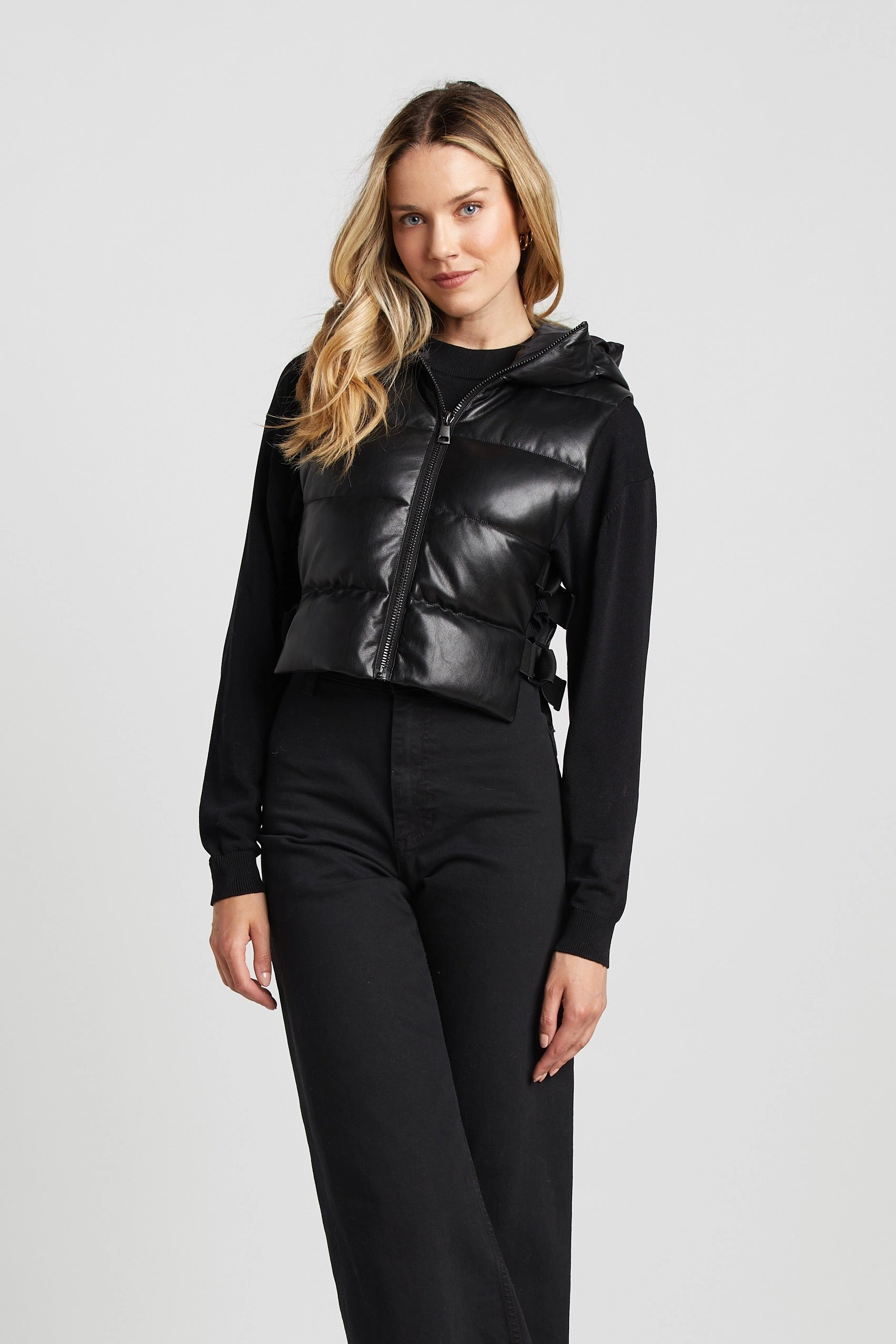 Lola Vegan Leather Quilted Full Zip Gilet With Adjustable Side Buckles - Black Stretchable Panels