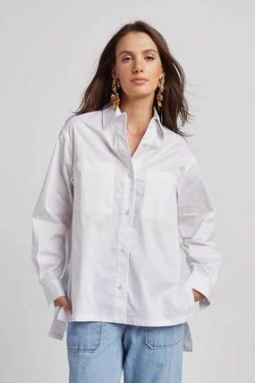 High Density Weave Sleek Style Nubia Button Down Stretch Shirt With High Low Hem - White