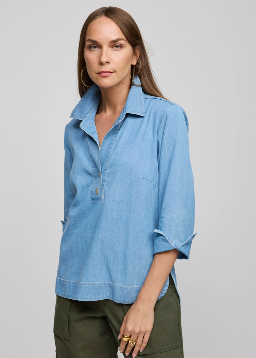 Aileen 3/4 Sleeve Denim Tencel Shirt - Light Wash Anti Static Lining Comfort Stretch
