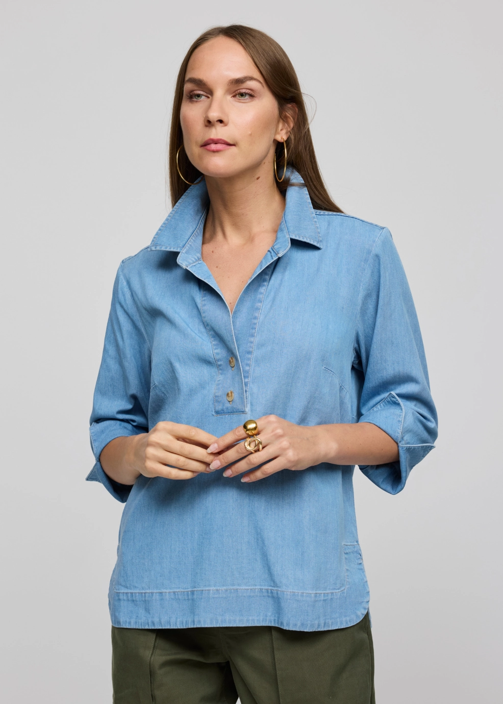 birthday party Aileen 3/4 Sleeve Denim Tencel Shirt - Light Wash