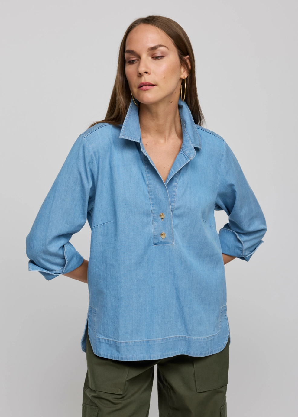Gradient effect Aileen 3/4 Sleeve Denim Tencel Shirt - Light Wash