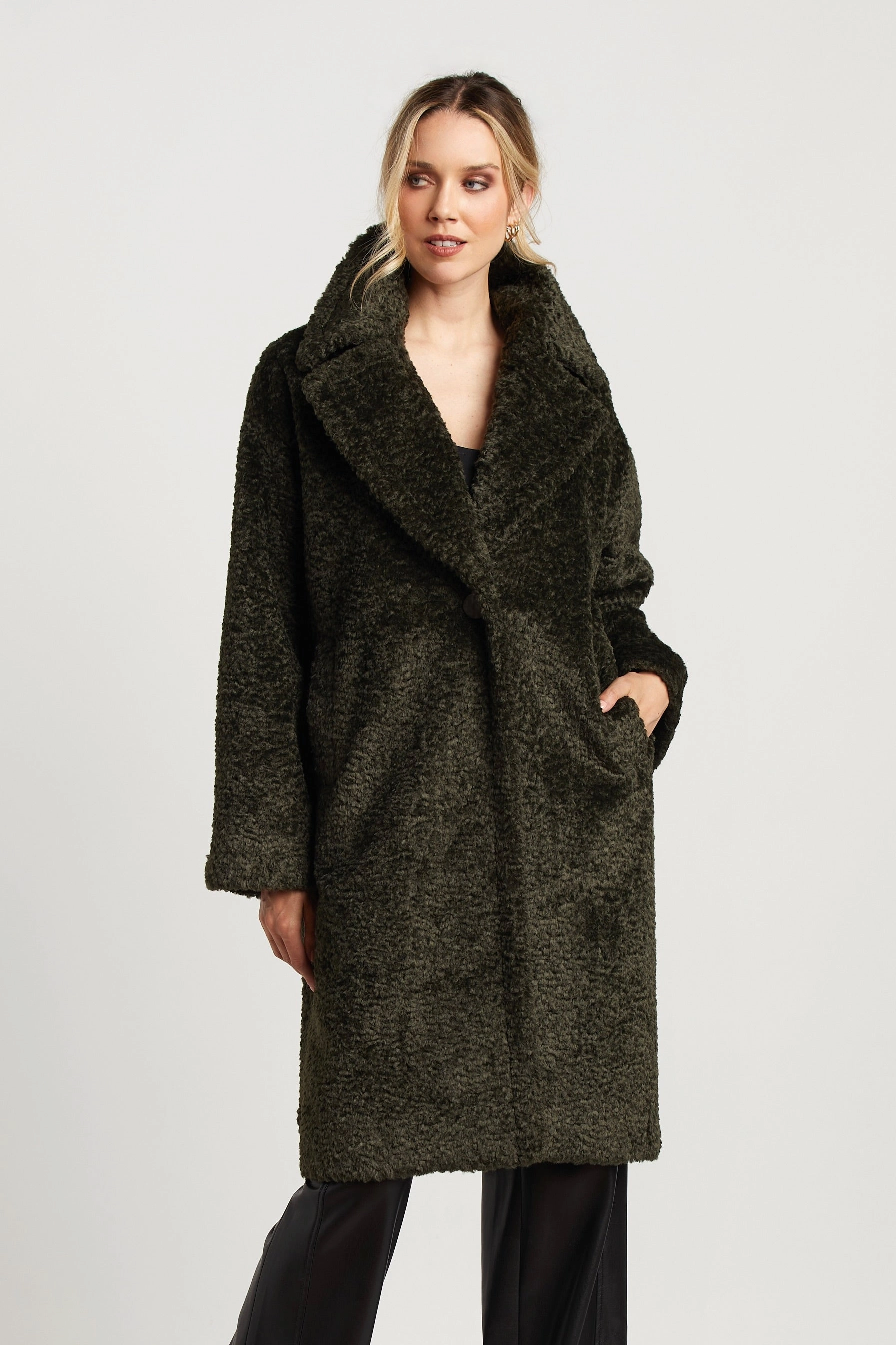 NonChafing Seam Placement Versatile Daily Layer Polly Long Faux Fur Coat - Forest Green
