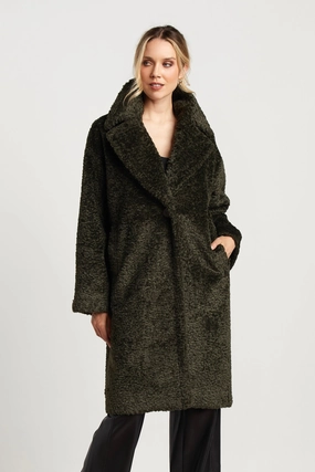 NonChafing Seam Placement Versatile Daily Layer Polly Long Faux Fur Coat - Forest Green