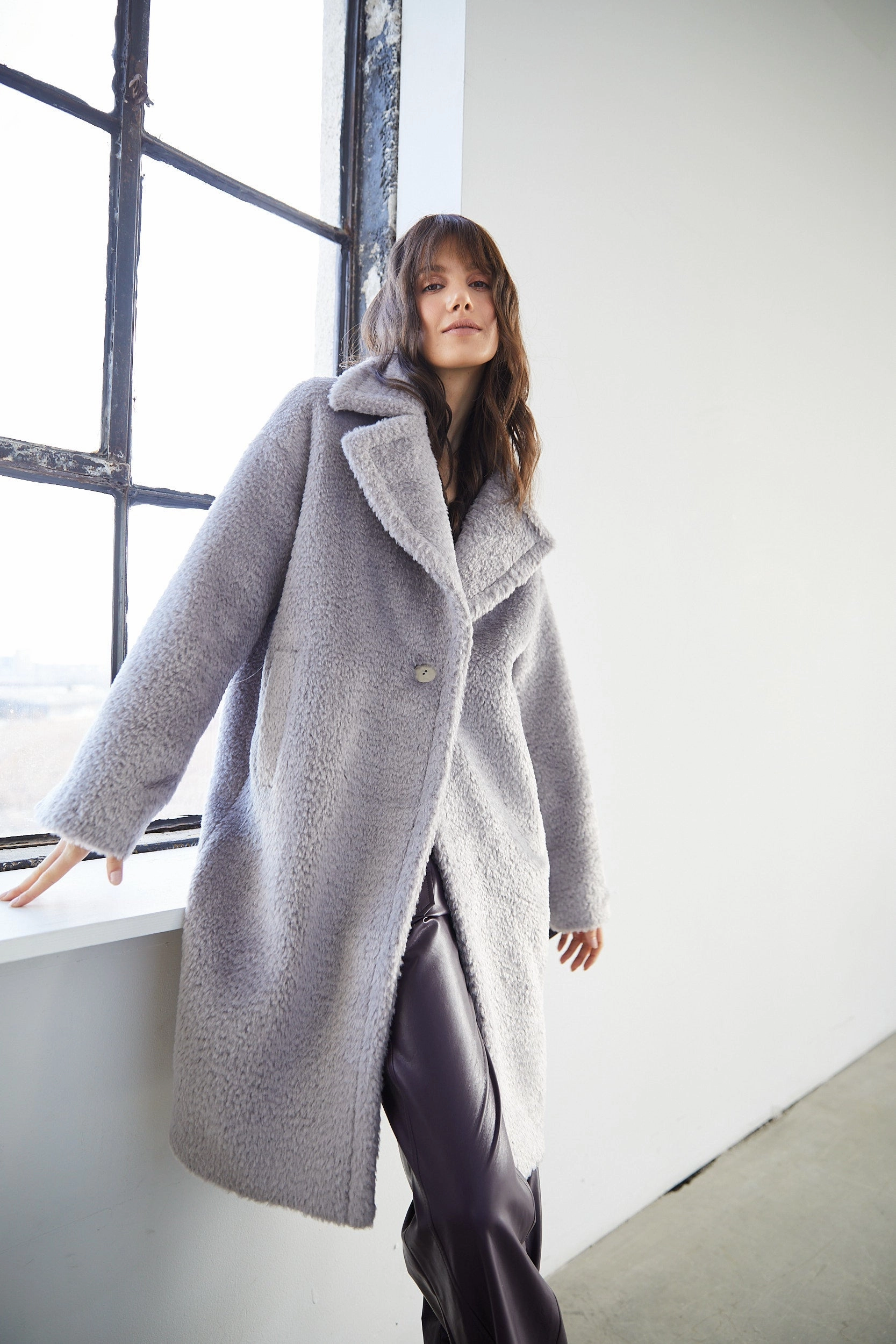 Reinforced Elbow Patches Polly Long Faux Fur Coat - Silver Grey