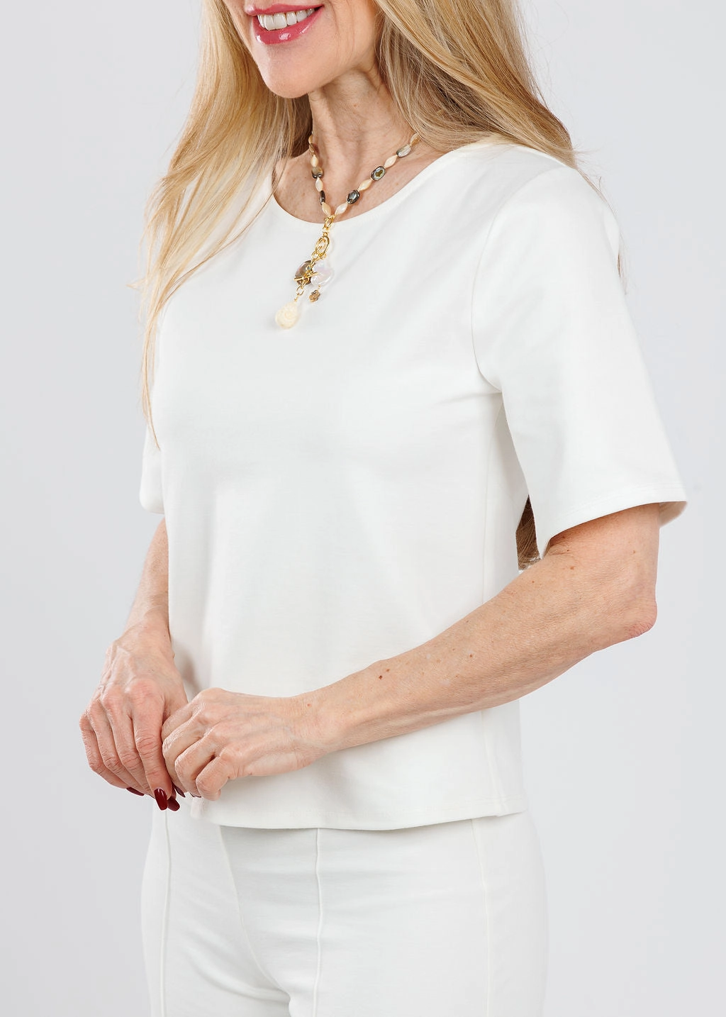 Conference Appropriate Breathable Lining Ponte Knit Short Sleeve Top Extended - Off White