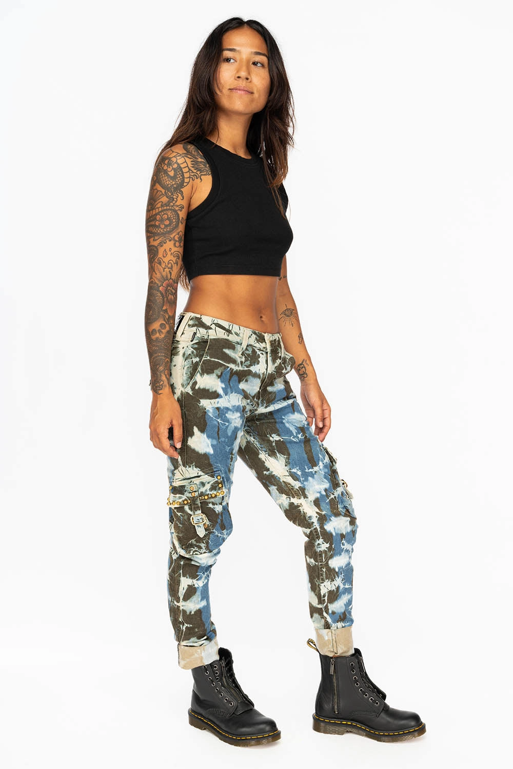 PREDATOR  WOMENS CARGO PANTS IN TIE DYE MIAMI WASH WITH CRYSTALS AND STUDS school outfit
