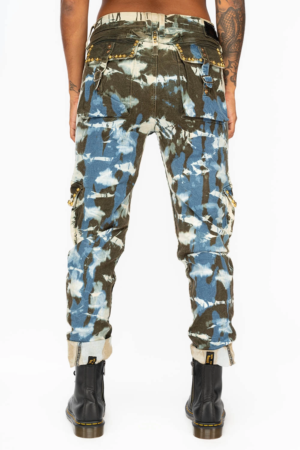 Travel Ready All-day Comfort PREDATOR  WOMENS CARGO PANTS IN TIE DYE MIAMI WASH WITH CRYSTALS AND STUDS