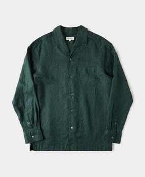 Organic Cotton 1950s Italian Collar Long-Sleeve Linen Shirt - Dark Green