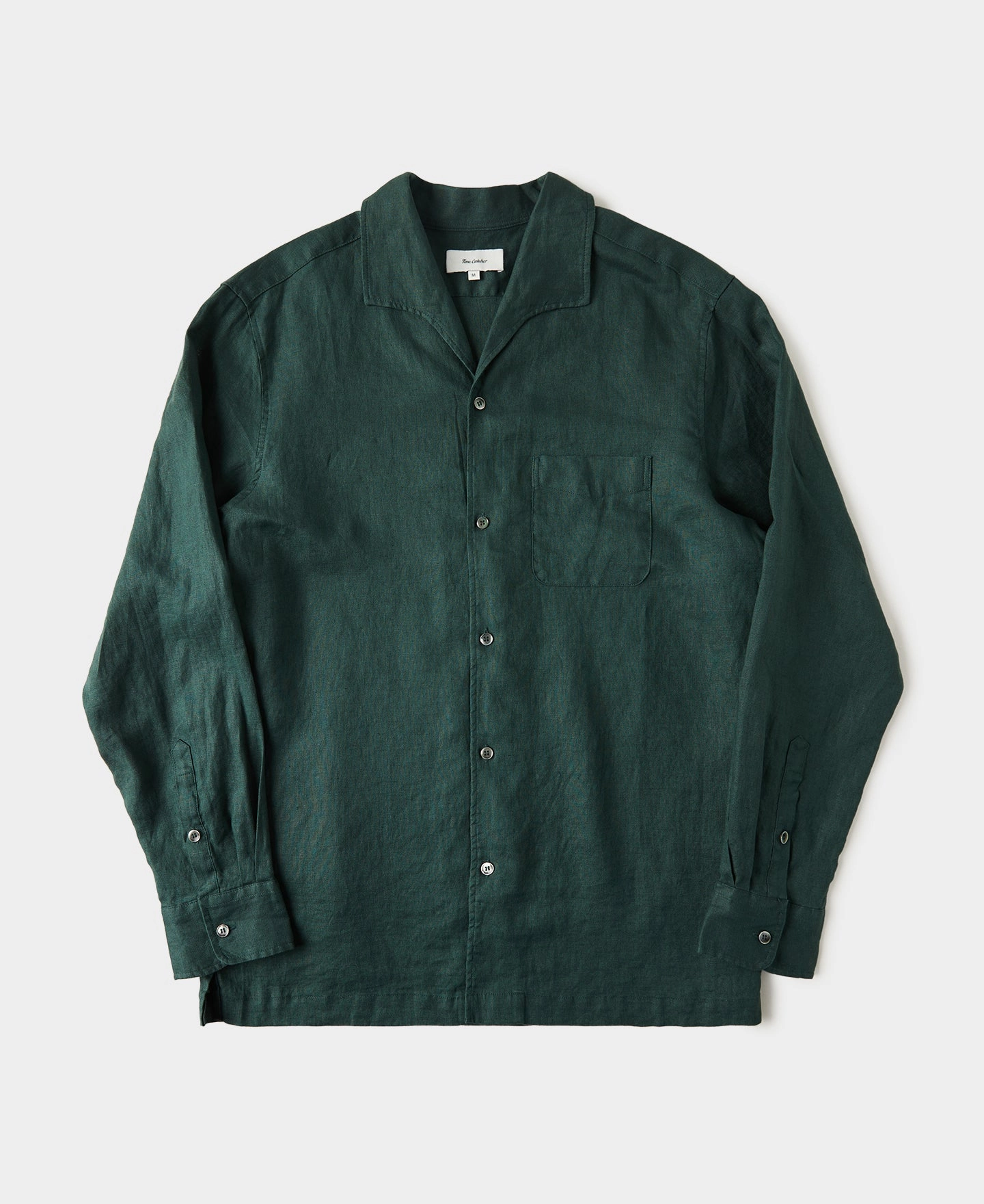 Organic Cotton 1950s Italian Collar Long-Sleeve Linen Shirt - Dark Green
