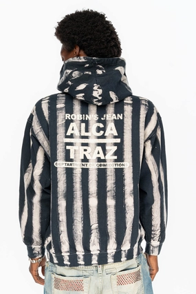 product pastel softness PRISONER BLACK/WHITE PULLOVER HOODIE  WITH RJ ALCATRAZ PRINT DESCRIPTION