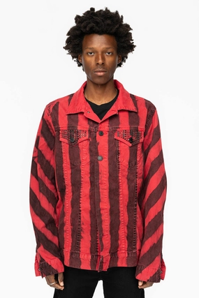PRISONER JEAN JKT IN BLACK AND RED WASH WITH RED AND JET BLK  CRYSTALS Single Buttons Moisture Managing Liner