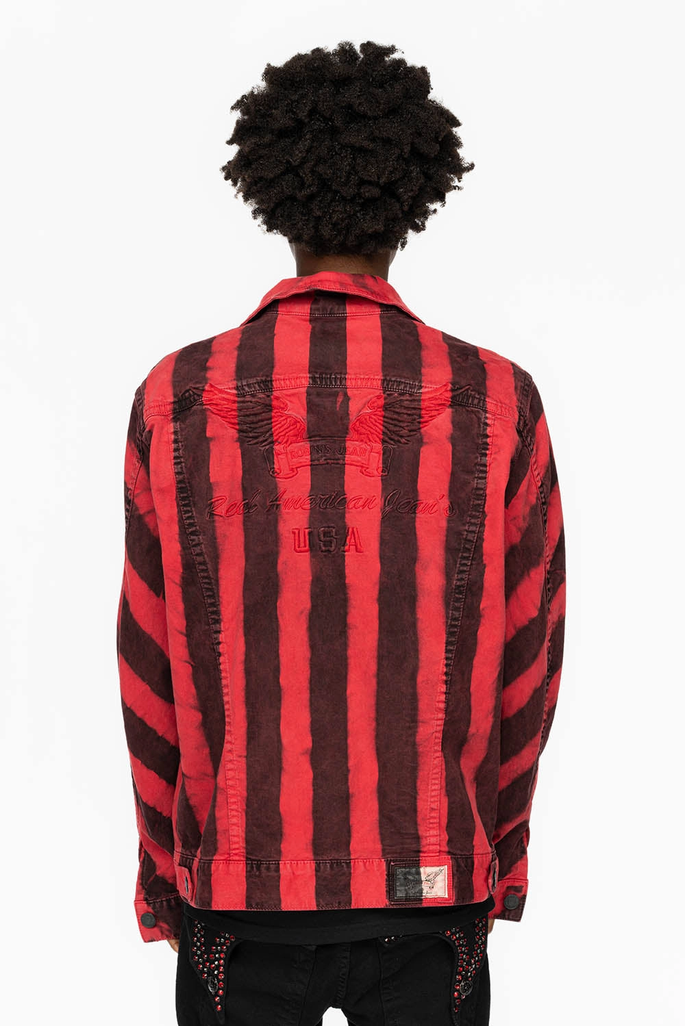 Temperature control Durable Outer Shell PRISONER JEAN JKT IN BLACK AND RED WASH WITH RED AND JET BLK  CRYSTALS