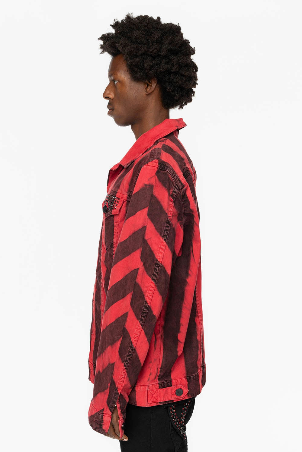 PRISONER JEAN JKT IN BLACK AND RED WASH WITH RED AND JET BLK  CRYSTALS Utility Pockets