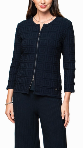 Zia Square-Detail Knit Jacket - Dark Navy Clean Fit Quilted Stitching Pattern