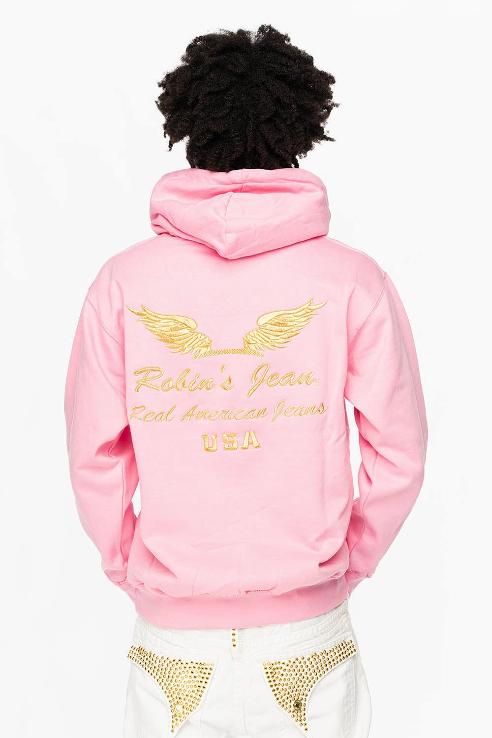 PULLOVER HOODIE IN LIGHT PINK WITH GOLD WINGS EMBROIDERY product combo