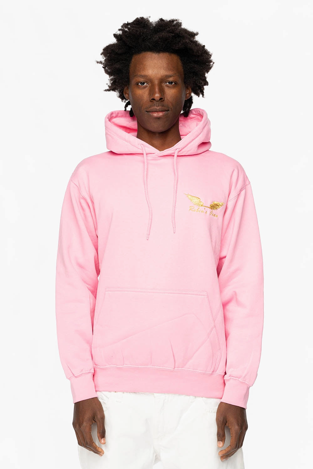 product neon energy twill PULLOVER HOODIE IN LIGHT PINK WITH GOLD WINGS EMBROIDERY