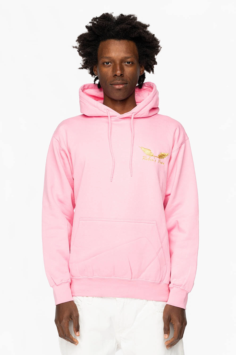 Active Wear Cold-Weather Gear PULLOVER HOODIE IN LIGHT PINK WITH GOLD WINGS EMBROIDERY