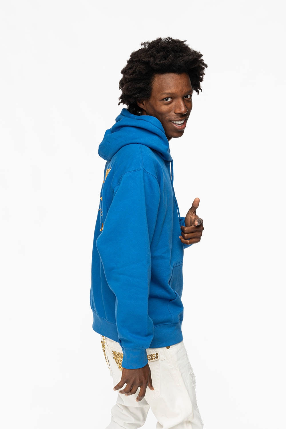 Sports Style PULLOVER HOODIE IN  ROYAL BLUE WITH GOLD WINGS EMBROIDERY