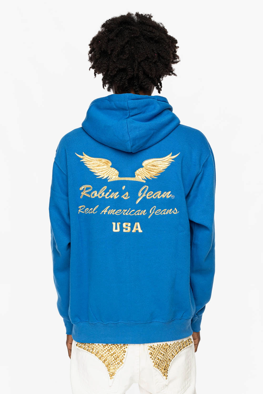product matte sophistication goes with leggings PULLOVER HOODIE IN  ROYAL BLUE WITH GOLD WINGS EMBROIDERY