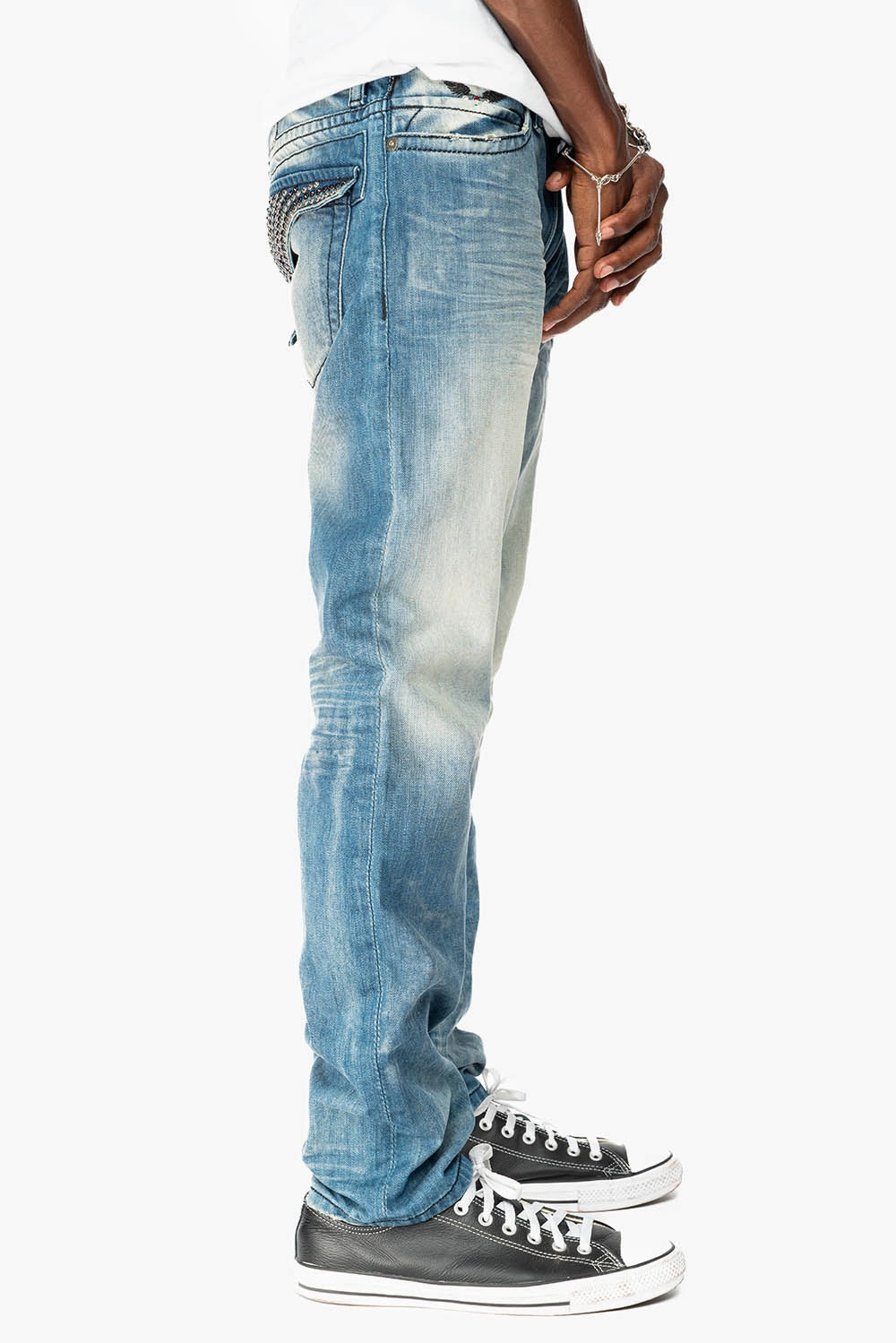 LIMITED EDITION MENS LONG FLAP SLIM JEANS  EMBELLISHED WITH CRYSTALS IN OMAHA TAN WASH Basic Outfit Modern Casual