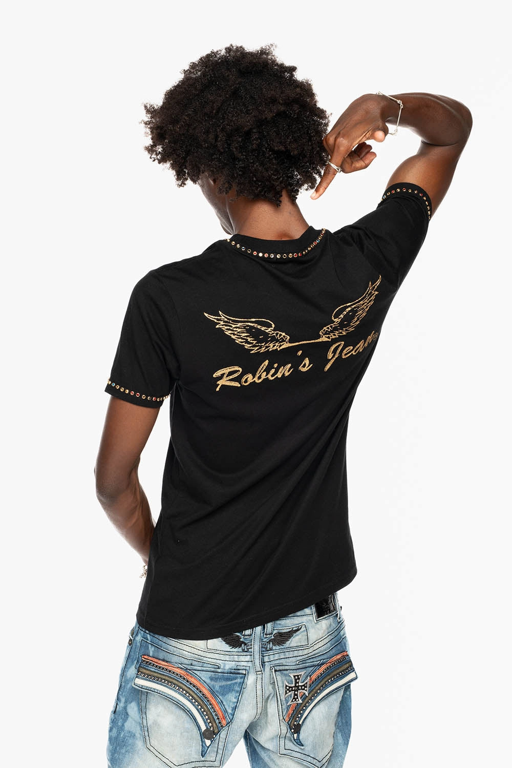 ROBIN??S LOGO WINGS TEE IN BLACK GOLD GLITTER EMBELLISHED WITH MULTI COLOR CRYSTALS Casual Ease Perfect Style