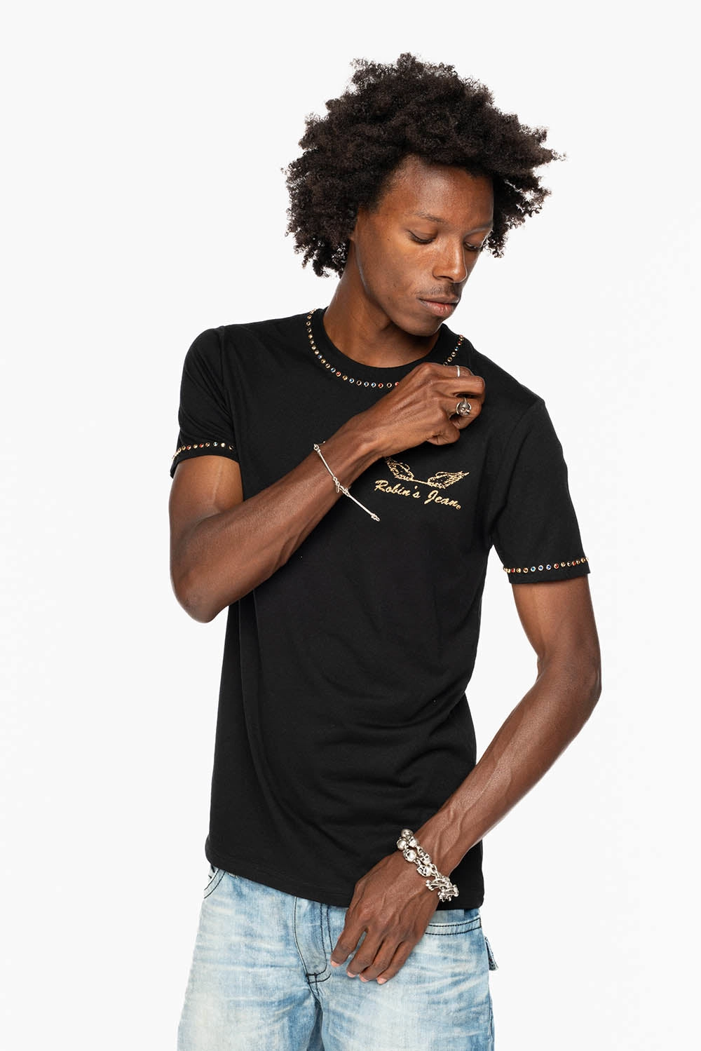 ROBIN??S LOGO WINGS TEE IN BLACK GOLD GLITTER EMBELLISHED WITH MULTI COLOR CRYSTALS Chic Fashion
