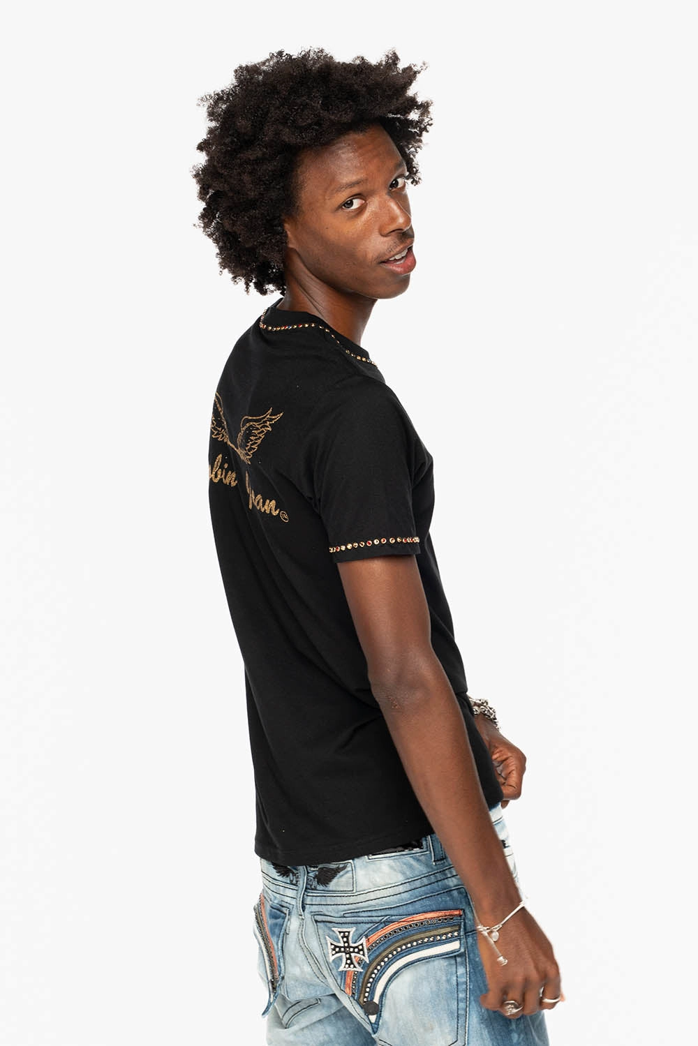 Timeless Fit Relaxed Wear ROBIN??S LOGO WINGS TEE IN BLACK GOLD GLITTER EMBELLISHED WITH MULTI COLOR CRYSTALS
